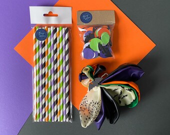 Halloween Party Accessory Kit for Kid's Party. Halloween Party in a Box. Halloween Balloons, Straws & Bat Confetti. Halloween Decorations.