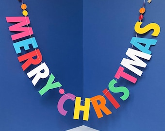 Merry Christmas Rainbow Garland. Non-Traditional Bright and Colourful Christmas Decoration. Colourful Festive banner. Bright Christmas Decor