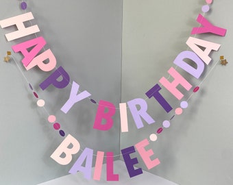 Personalised Happy Birthday Garland, Girl's Happy Birthday Party Decorations, Pink Happy Birthday Decor, Customised Birthday Banner