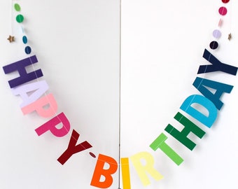 May include: A rainbow coloured paper banner with the words "Happy Birthday" strung across a white background.