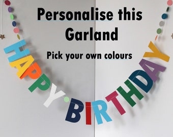 Personalised Happy Birthday Garland | Pick Your Own Colour Theme Birthday Banner | Custom Name Birthday Decorations | .