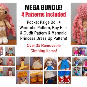May include: A crochet doll with pink curly hair and black eyes, featured in a mega bundle with 4 patterns including Pocket Paige Doll, wardrobe, boy hair, outfit, and mermaid dress-up patterns, showcasing over 35 removable clothing items in various colors.
