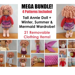May include: A crochet doll with a red jacket, purple skirt, and pink boots is displayed. The image includes the text "MEGA BUNDLE! 4 Patterns Included" and lists the doll's wardrobe options. Additional images show various doll outfits.