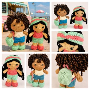 May include: Crocheted dolls with brown skin, black hair, and colorful outfits. The dolls wear a red top, blue shorts, and green shoes. One doll has a green bag and a matching headband. The dolls are handmade and have a whimsical appearance.