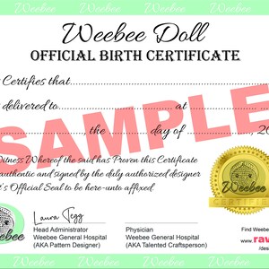 Certificati di Nascita E ADOZIONE della Bambola Weebee