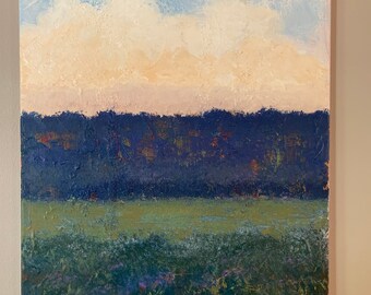 May include: Abstract landscape painting with a blue sky, white clouds, a dark blue band, a light green band, and a dark green field with purple flowers.