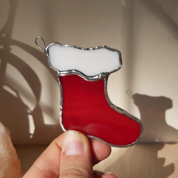 Stained Glass Stocking Christmas Ornament. White and Red Glass. Glass Decoration, Suncatcher. Handmade. Christmas Tree Decoration. 70mmx55mm