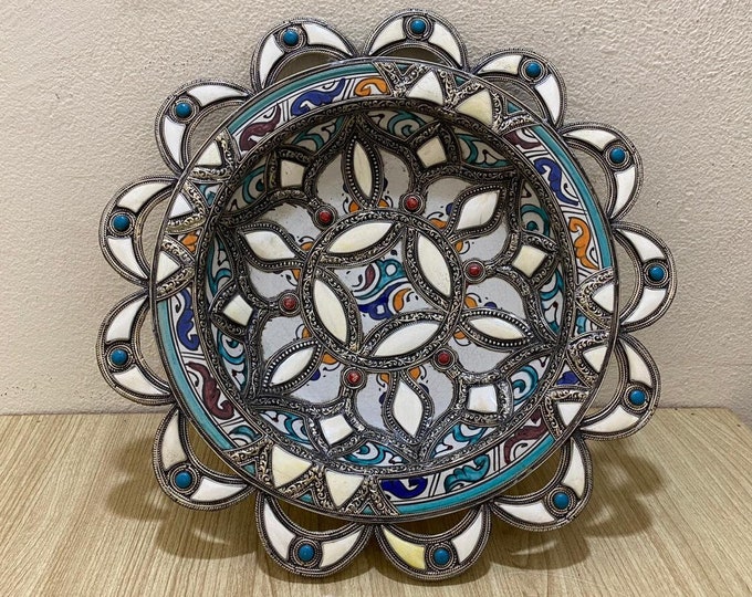 Handmade Moroccan Ceramic Plate with Nickel and Camel Bone Inlay - Vintage Home Decor