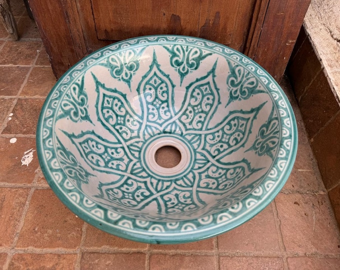 Authentic Handmade Moroccan Washbasin: Hand-Painted and Fired in Wood Oven