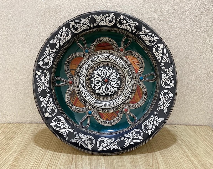 Unique Moroccan Wall Art - Handcrafted Plate with Nickel, Camel Bone, Leather
