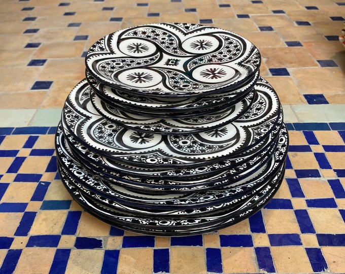 Handmade and hand-painted black and white ceramic dinner/ main plates / starter plates / dessert plates.