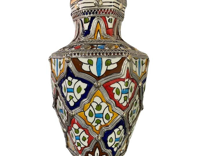Fes ceramic vase, handmade and hand-painted, encrusted with the ceramic maillechort/vase and maillechort.