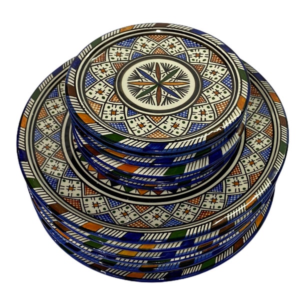 Handgefertigte und handbemalte marokkanische Keramikteller, marokkanischer handgefertigter Keramik-Ess- und Dessertteller