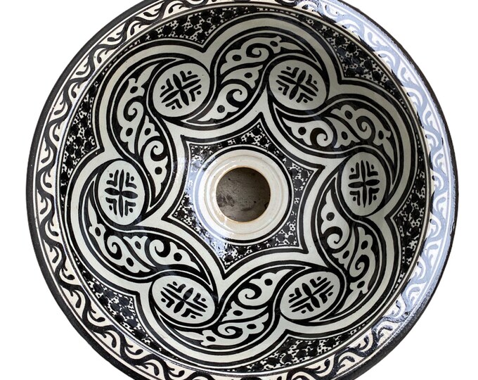 Handmade and hand painted Moroccan ceramic sink/washbasin. Moroccan washbasin handmade/ceramics black and white ceramics sink.