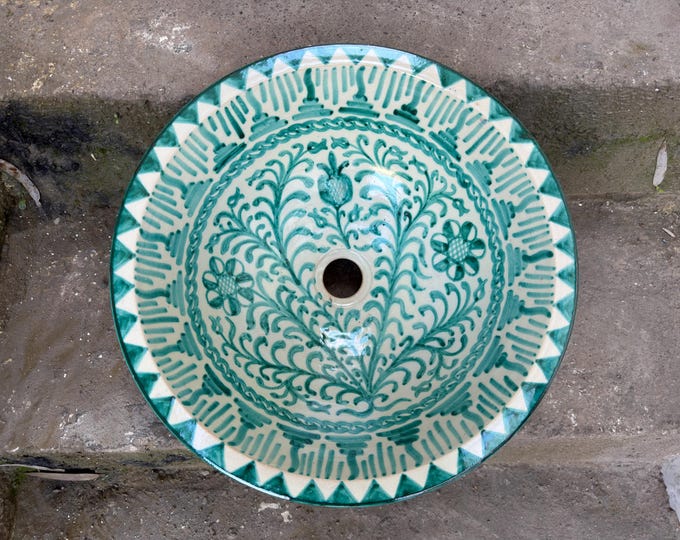 Green Moroccan Handmade Ceramic Sink – Hand Painted Washbasin – Fired in Wood Oven – Rustic Bathroom Basin – Artisan Vanity Sink