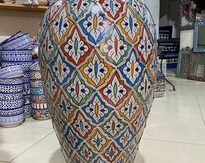 Handmade Moroccan Fes ceramic vase. Moroccan ceramic vase handmade.