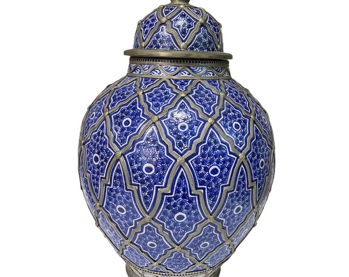 Vintage pot/ vintage vase handmade and hand painted inlaid with nickel silver /