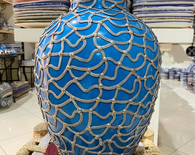 Handmade Moroccan ceramic vase. Moroccan ceramic vase with nickel handmade.