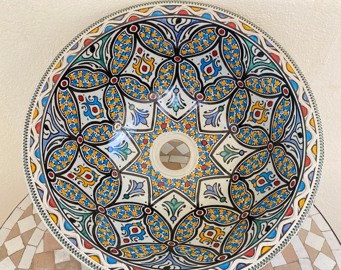 Moroccan wash basin/ handmade, hand painted ceramic and nickel sink/ pottery sink