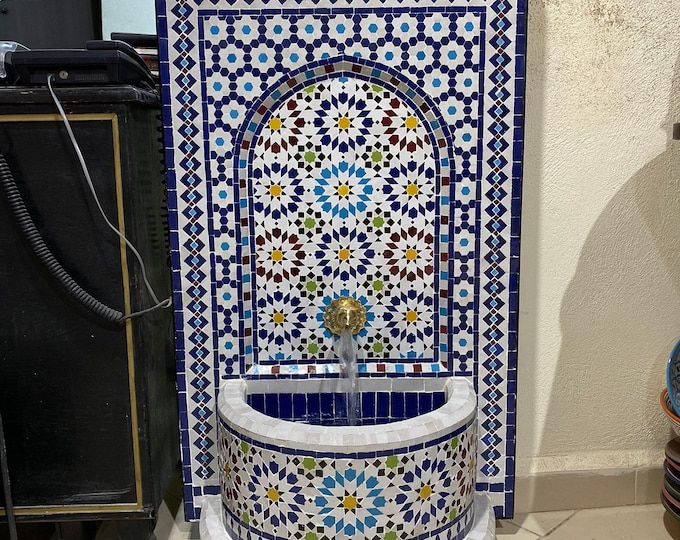 Moroccan Handmade Zellige Fountain , Wall Water Fountain , Moroccan Mosaic Fountain , Garden and Indoor Outdoor Decor.