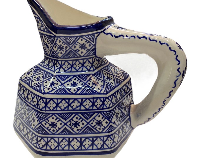Fes ceramic jug handmade and painted /pitcher with traditional shape/carafe with original handle.