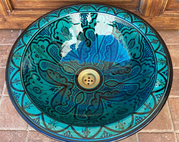 Turquoise sink/Sink/Hand painted Moroccan ceramic sink. Moroccan washbasin handmade.