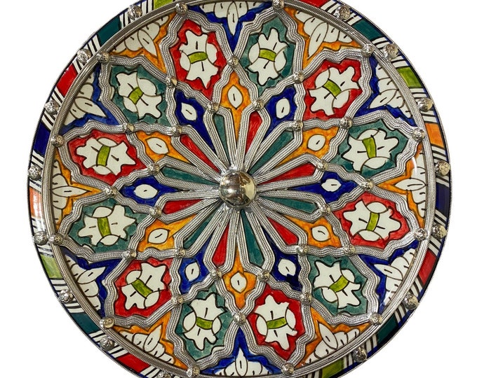 Wall decor/ handmade ceramics plate inlaid with nickel/ piece of art