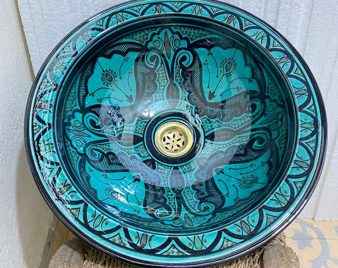 Turquoise sink 40 cm/Handmade and hand painted Moroccan ceramic sink/washbasin. Moroccan washbasin handmade.