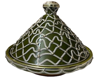 A handmade and hand-painted Moroccan tagine dish, encrusted with maillechort.