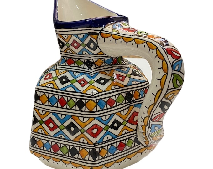 Fes ceramic jug handmade and painted /pitcher with traditional shape/carafe with original handle.