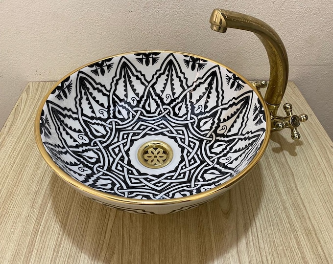 Moroccan Hand-Painted Sink with 14K Gold Trim - Unique Elegance