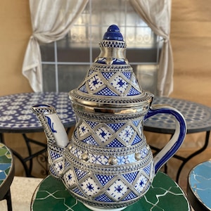 Moroccan ceramic teapot inlaid with nickel silver / handmade teapot.