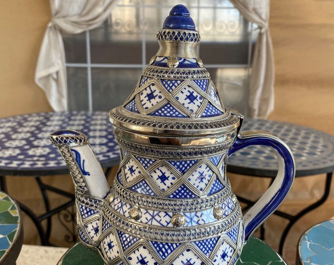 Moroccan ceramic teapot inlaid with nickel silver / handmade teapot.