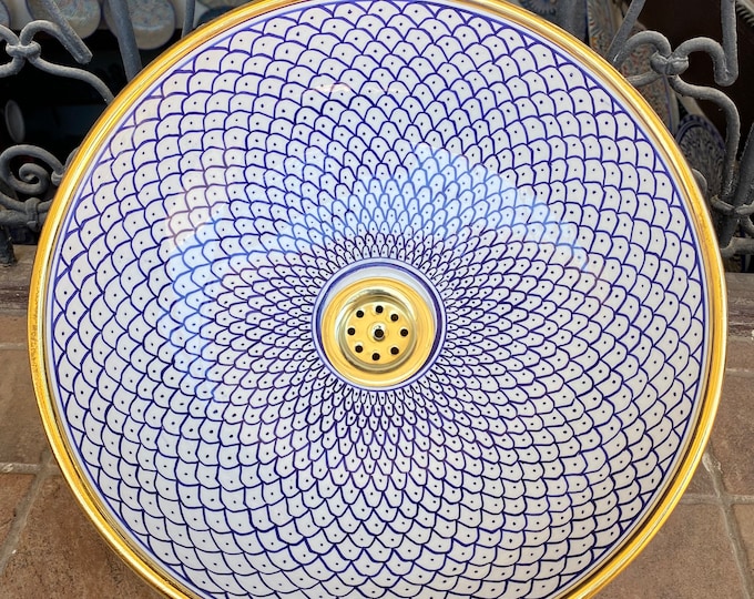 14K gold rim sink/ handmade,hand painted wash basin/sink/authentic handmade sink/ washbasin with real 14K gold rim.