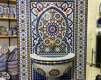 Moroccan Handmade Zellige Fountain , Wall Water Fountain , Moroccan Mosaic Fountain , Garden and Indoor Outdoor Decor.
