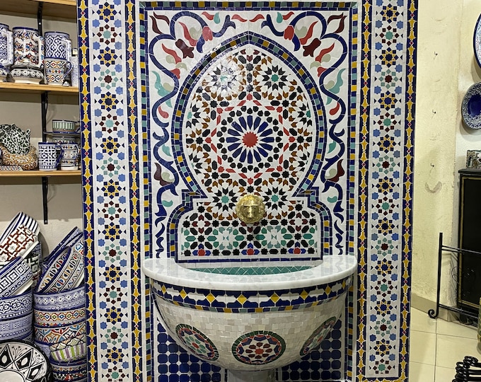 Moroccan Handmade Zellige Fountain , Wall Water Fountain , Moroccan Mosaic Fountain , Garden and Indoor Outdoor Decor.