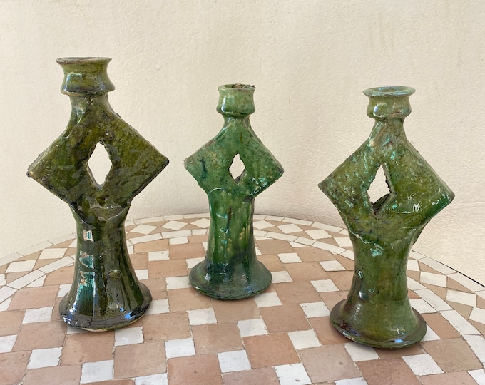 Candlestick/ green ceramics candlestick/ rustic and handmade candlestick/ set of 3 candlestick/ candle holder.