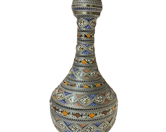 Fes ceramic bottle, encrusted with maillechort, handmade and hand-painted.