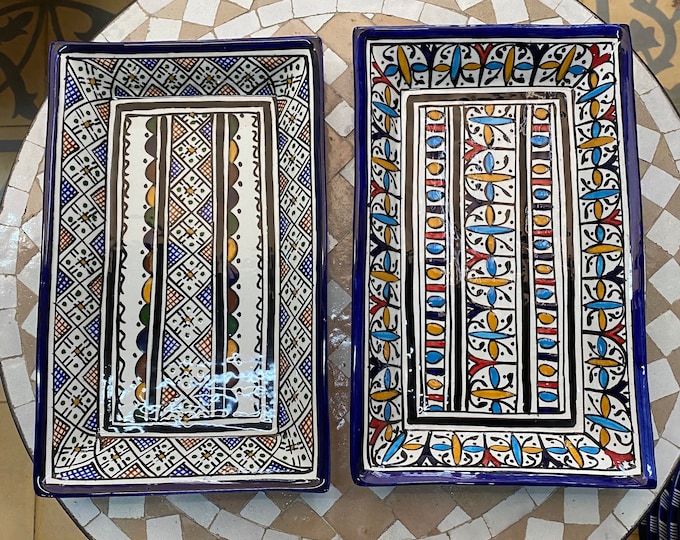 Set of 2 Moroccan ceramic cake dish, handmade and hand painted. Set of 2 Moroccan ceramics tray/ rectangular tray