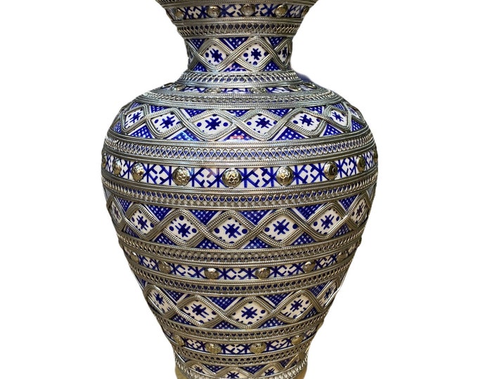 Fes ceramic vase, handmade and hand-painted, encrusted with the ceramic maillechort/vase and maillechort.