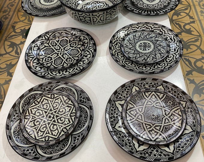 Black and white table service, handmade and hand painted. Moroccan Fes ceramic table set, handmade and hand painted.