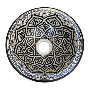 Handmade and hand painted Moroccan ceramic sink/washbasin. Moroccan washbasin handmade.Black and white sink, ceramics sink