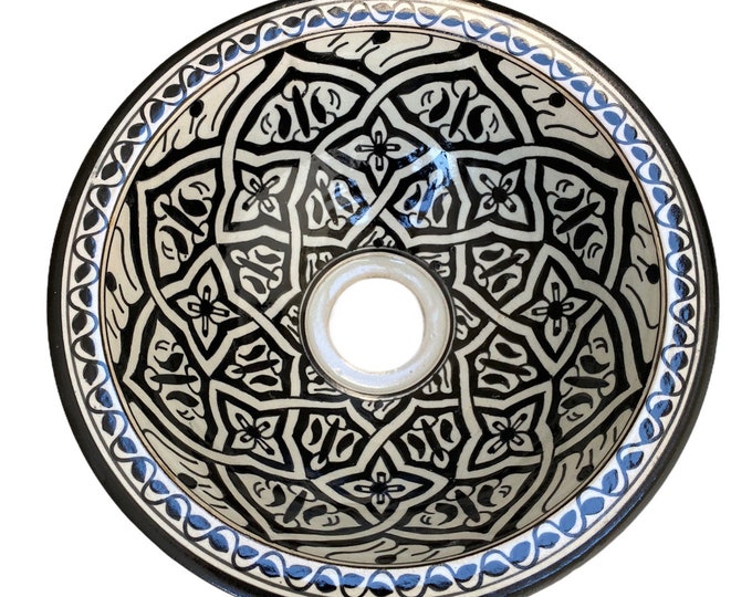 Handmade and hand painted Moroccan ceramic sink/washbasin. Moroccan washbasin handmade.Black and white sink, ceramics sink