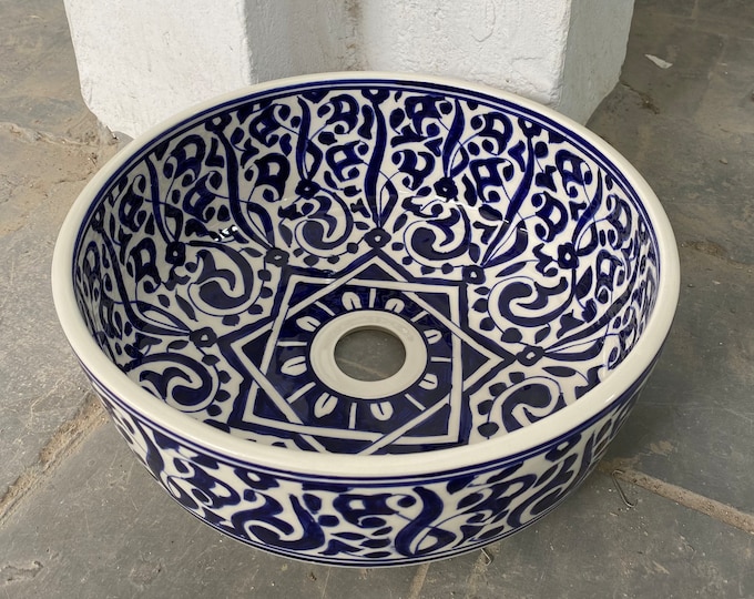 Handmade Blue and White Moroccan Sink - Hand Painted with Traditional Techniques