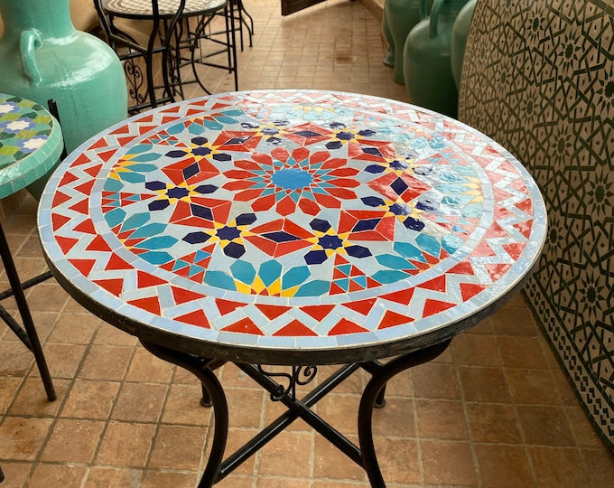 Moroccan mosaic table, zellige table, mosaic garden table, dining table, outdoor and indoor table, mosaic table.