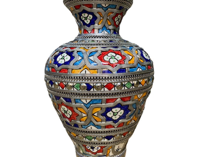 Fes ceramic vase, handmade and hand-painted, encrusted with the ceramic maillechort/vase and maillechort.