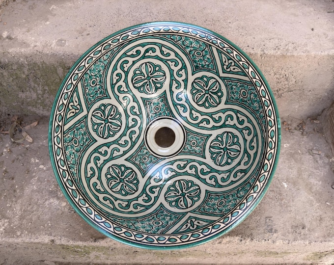 Green Moroccan Handmade Ceramic Sink – Hand Painted Washbasin – Fired in Wood Oven – Rustic Bathroom Basin – Artisan Vanity Sink