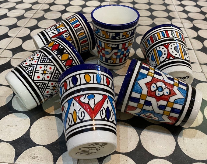 Set of 6 handmade and hand painted Moroccan ceramic cups. Set of 6 Moroccan tea cups handmade and hand painted
