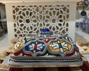 Handmade and hand-painted Moroccan ceramic and nickel silver butter dishes. Moroccan ceramic butter dish handmade.