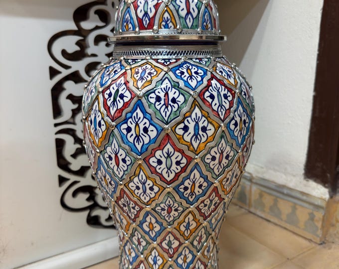 Handmade Moroccan Ceramic Vase – Colorful Fez Pottery, Hand Painted & Nickel Inlaid, Authentic Moorish Pattern, Unique Boho Home Decor